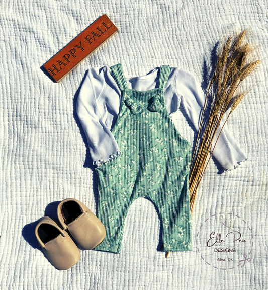 White Floral on Mint Knotted Overalls