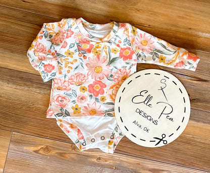 Floral shirt with attached bodysuit with snaps and Mustard lounge pants - 3-6M