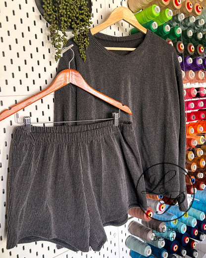 Dallyn and Breezy Shorts in Charcoal Striped Mocha (Adult) Ready To Ship