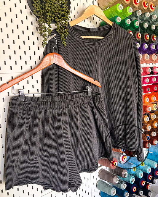 Dallyn and Breezy Shorts in Charcoal Striped Mocha (Adult) Ready To Ship