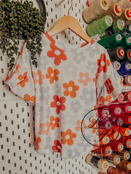 Slate Ruffle Sleeve Tee Retro Floral (Youth) Made To Order