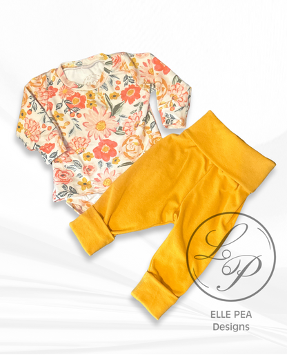 Floral shirt with attached bodysuit with snaps and Mustard lounge pants - 3-6M