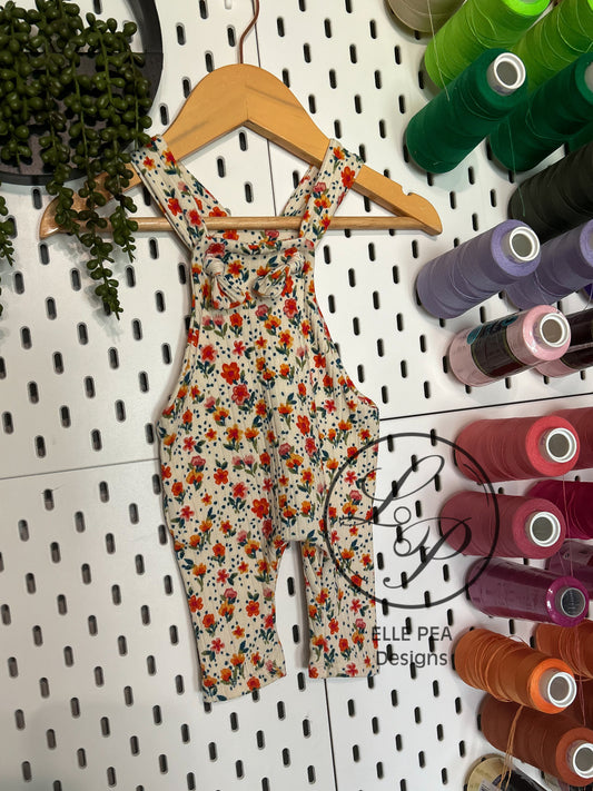 Knotted Overalls Orange/Pink Floral on Cream (Youth) Ready To Ship