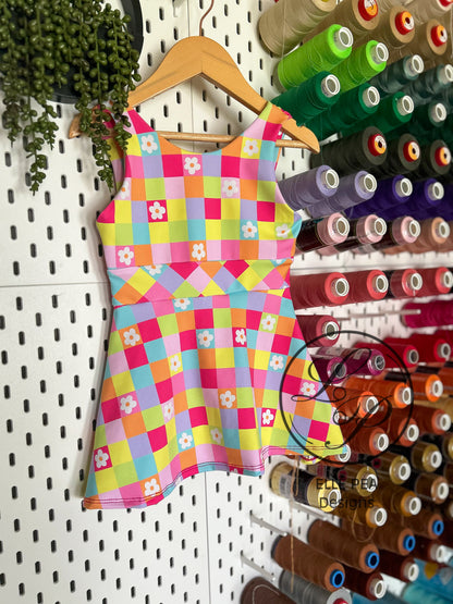 Tropea Swim Dress Neon Floral Checks (Youth) Made To Order