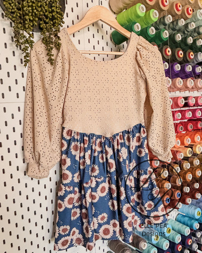 Rosette Bishop Sleeve Dress Sunflowers on Blue (Youth) Made To Order